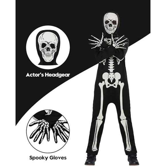 Glow in The Dark Skeleton Costume 2 Piece Set includes Jumpsuit Treat Bag size M - Picture 4 of 6